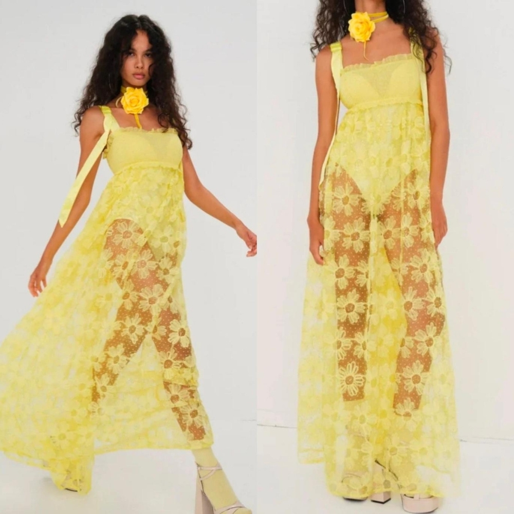 For Love and Lemons Emma Maxi Dress Yellow Sequin Tulle Sunflowers Small